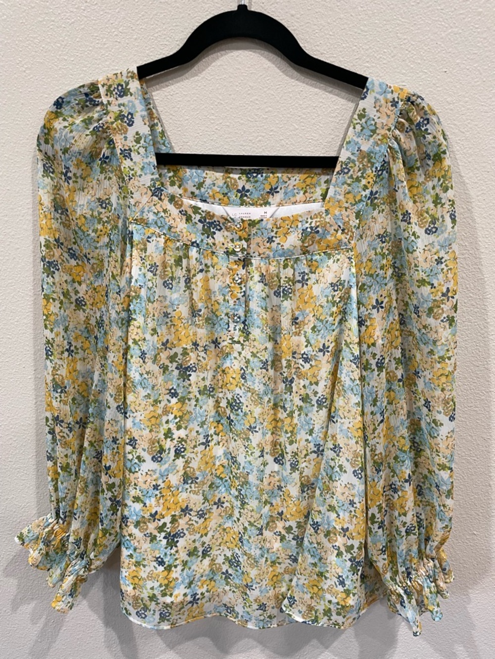 LC Lauren Conrad Yellow & Blue Floral Square-Neck Blouse